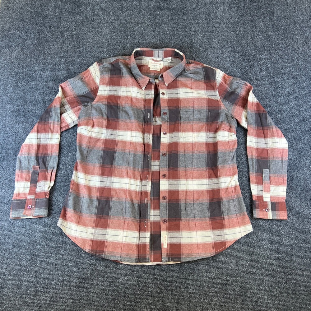 Weatherproof Vintage Mens Large Red Grey Plaid Comfort Stretch Button Down Shirt
